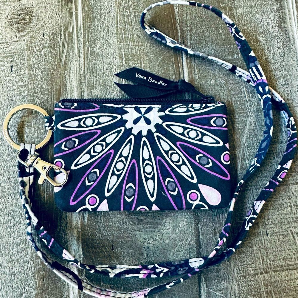 Vera Bradley Paisley Blue Purple Zip ID Wallet Lanyard